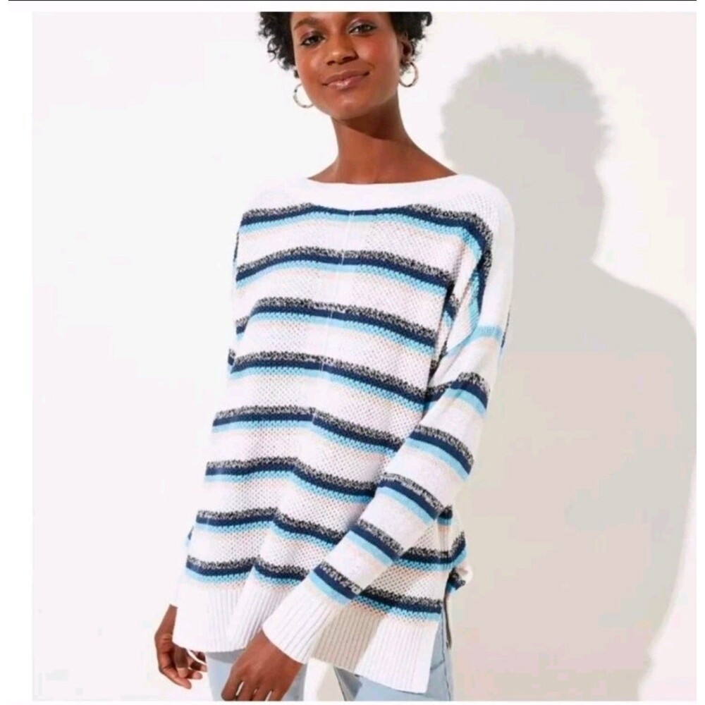 Loft Striped Boat Neck Textured Knit Sweater White Blue Pink Large